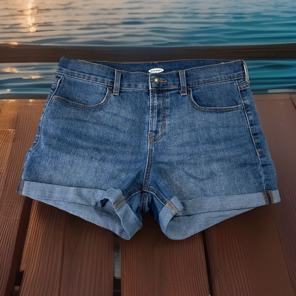 Old Navy High Rise Denim Shorts 10 (W32 Inseam 3) Blue Cuffed Stretch Womens